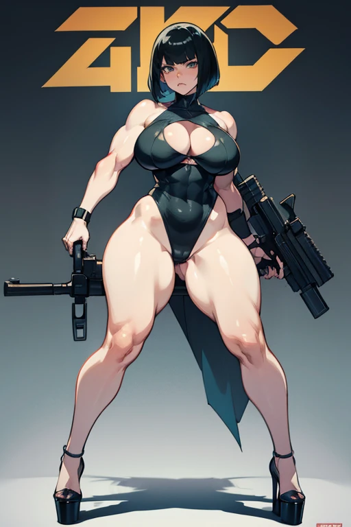  thick hips,  thick thighs, platform  heels, high cut leotard, huge breast, thin waist, bob cut hair, weapon, pale skin, gun, angry look, Cyberpunk, moan, thick body, muscle,