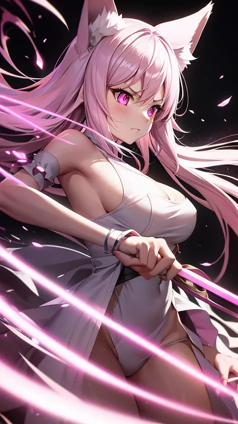 An adult woman, half fox, pink and white ears, pink and white hair, pink eyes, little white and black dress, wide breasts, very angry, holding a sword