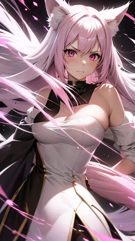 An adult woman, half fox, pink and white ears, pink and white hair, pink eyes, little white and black dress, wide breasts, very angry, holding a sword