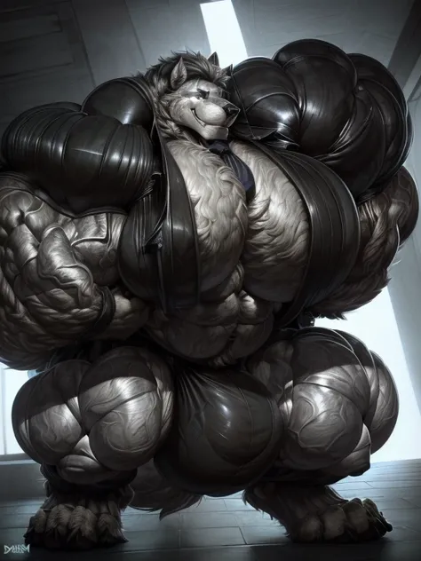 4k, high resolution, best quality, perfect lightning, perfect shadows, solo, anthro, young, boy, wolf, furry body, (fluffy mane:1.2), fluffy tail, male, adult, (bulky, thick muscles, huge muscles, hyper muscles:2.0), (thick biceps, veiny biceps, big broad ...