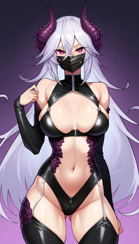  score_9_up, ((adult)), (Dragongirl:1.2), (female, dragon scales, black scales), with Center parted shoulder length hairstyle, (wearing half mask, covers the eyes), Top with a zipper, shows stomach, trousers, thigh visible, show legs, scene background