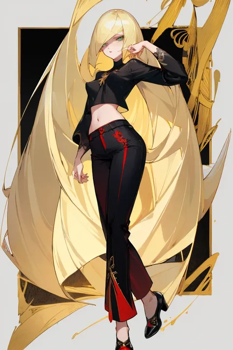 ((Highest quality)), ((masterpiece)), (Familiar), Lusamine,Tattoo,thin,Long blonde hair,Small breasts,Small breasts,Erect nipples,Adult female,Green Eyes,Slanted Eyes,White and black T-shirt,No sleeve,Gold embroidery,Black shoes,Fascinating,Red pants