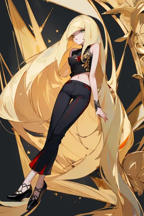 ((Highest quality)), ((masterpiece)), (Familiar), Lusamine,Tattoo,thin,Long blonde hair,Small breasts,Small breasts,Erect nipples,Adult female,Green Eyes,Slanted Eyes,White and black T-shirt,No sleeve,Gold embroidery,Black shoes,Fascinating,Red pants