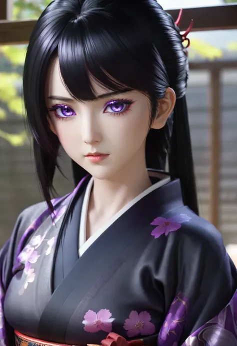 1girl, black hair, black kimono, purple eyes, shining eyes, Demonslayer, more_details:1.5, masterpiece, best quality, ultra-detailed, 16k, highest resolution, kind expression, soft gaze, calm expression