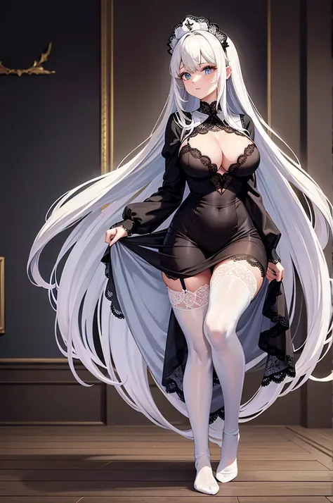 （Colossal tits：1.5）,nurse woman，，黑色long white hair，lace hose，no shoes,Full body like，(Best quality at best, Masterpiece artwork: 1.1), (lace hose: 1.4), 1 girl, The whole machine body, cabelo longo e branco, The interior of a classic castle, espartilho pre...