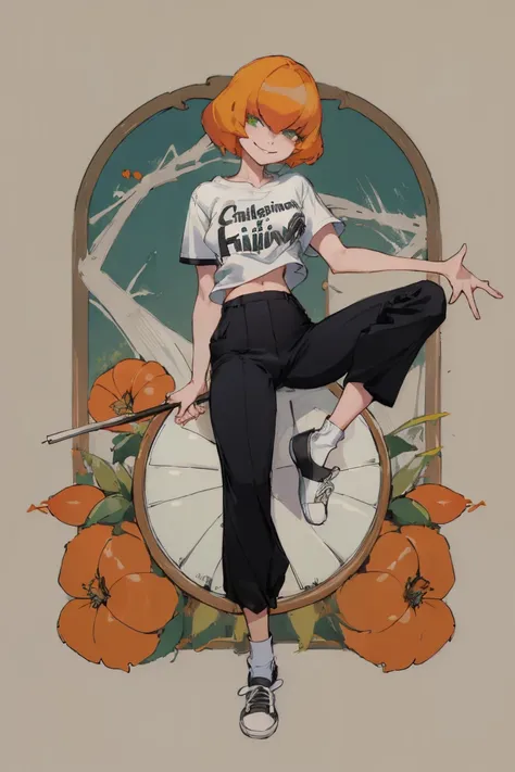 ((highest quality)), ((masterpiece)), (be familiar with),clementine,overload,nsfw,black and white t-shirt,no sleeve,green embroi...