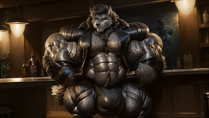 4k, high resolution, best quality, perfect lightning, perfect shadows, solo, anthro, young, boy, wolf, furry body, (fluffy mane:1.2), fluffy tail, male, adult, (bulky, thick muscles, huge muscles, hyper muscles:1.6), (thick biceps, veiny biceps, big broad ...