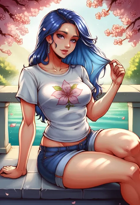 HD photo of a beautiful girl with blue hair, in a T-shirt and shorts, resting under the cherry blossoms, summer day, in style of ilya kuvshinov, dramatic lighting, fantasy, intricate, elegant, Detailed, realistic, фотоrealistic, digital painting, hips, HDR...