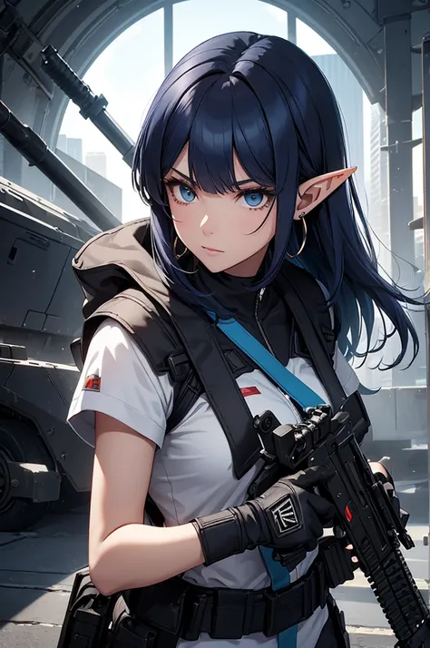 Create a high-quality image featuring an elf girl with dark navy-blue hair and straight-cut bangs. She is a member of a special forces police unit. She has a large red earring on her right ear and is holding an assault rifle. The background should feature ...