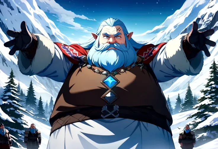 Highest quality, Very high resolution, Detailed 4K CG, masterpiece, Dwarf, 4人のDwarf, Dwarf vikings,Norwegian, Dwarf man, Rune tattoos, snow, Tall tree々, blue sky, Norwegian mythology, Rune tattoo, Beautiful aesthetics, Beautiful images , Centralized Camera