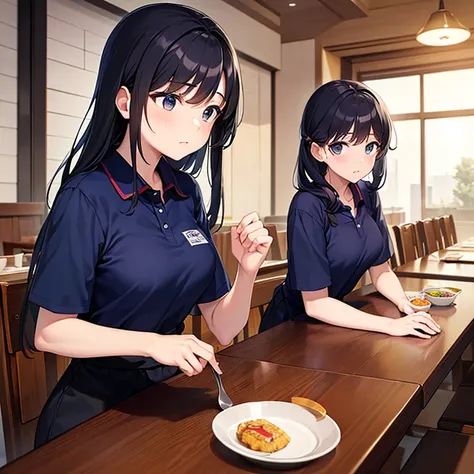 (Highest quality, Masterpiece: 1.3, Super Hi-Res), Japanese female, 20 years old, in restaurant, camera work from side, navy blue polo shirt, striped apron, wearing uniform, troubled, perplexed, thinking,