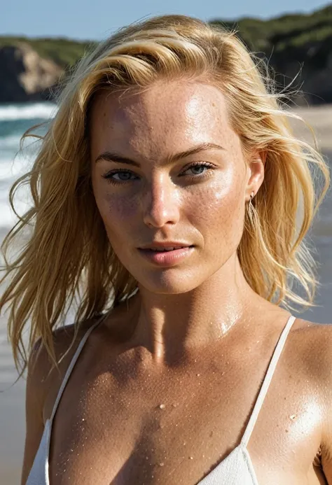  high quality  celebrity  Erotic  photo , 40yo woman ( Magrot Robbie, beach side , photorealistic , celebrity , random click, woman , incredibly whitsh bright blonde hair, freckles on skin,) , shiny sweaty skin , sexualized move, erotic angles, sweaty  fla...