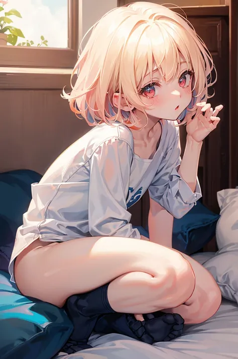 M-shaped legs、short hair、Light cream colored hair、、Blue underwear、Pale red eyes、Blushing、Bedroom、On the bed、Random pose、Looks like she&#39;s about to cum、Glamorous expression、Blushing、Blue underwear、Cute underwear、Undressing、、Bedroom、On the bed、M-shaped le...