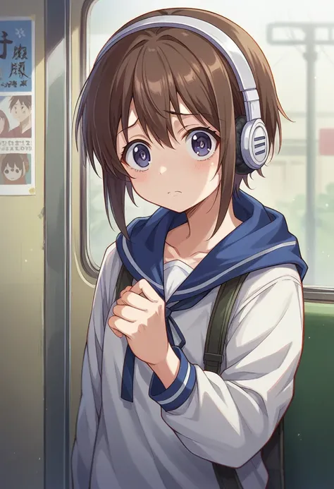 anime visualization of Japanese anime in traditional lo-fi style, sad girl on a train wearing headphones, hipster tones, cinematic look, cute face of Ilya Kuvshinov, Makoto Shinkai, Kyoani, Masakazu Katsuri, dynamic pose, clear and sharp, yoshinari yoh, ro...