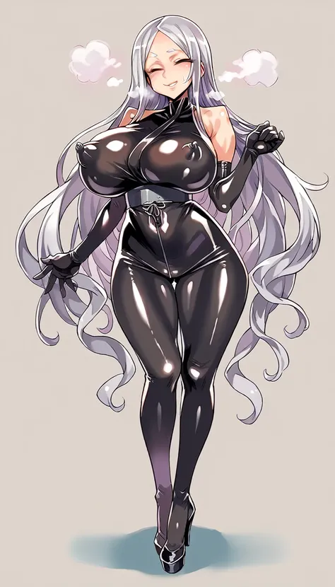 score_9, score_8_up, source_アニメ,アニメ style,Silver Hair,Center-parted bangs,long hair,very big breast,Eyes closed,smile,cool eye,((1girl)),shiny skin,Heavy breathing,Lewd,Heavy breathing,High heels,Erect nipples,gloves,latex,front view,Ninja