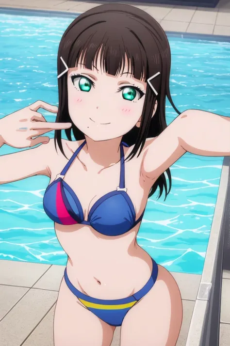 (((pixel-perfect, detail-perfect))), solo, 1girl, dia kurosawa, smile, pool, bikini armpit, medium filesize, ultra High Qality