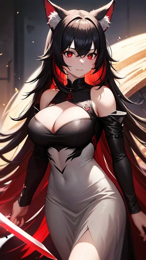 An adult woman, half wolf, black and red ears, ears down, red eyes, black and red hair, wide breasts, white dress, holding a sword