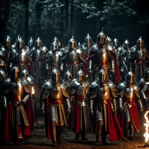 10 Templar Knights with steel armor and a logo on the chest in the shape of a white and red cross located in the forest at night servants of Jesus, 2 carrying flags announcing the arrival of the Lord the remaining 8 carrying torches lighting in the darknes...