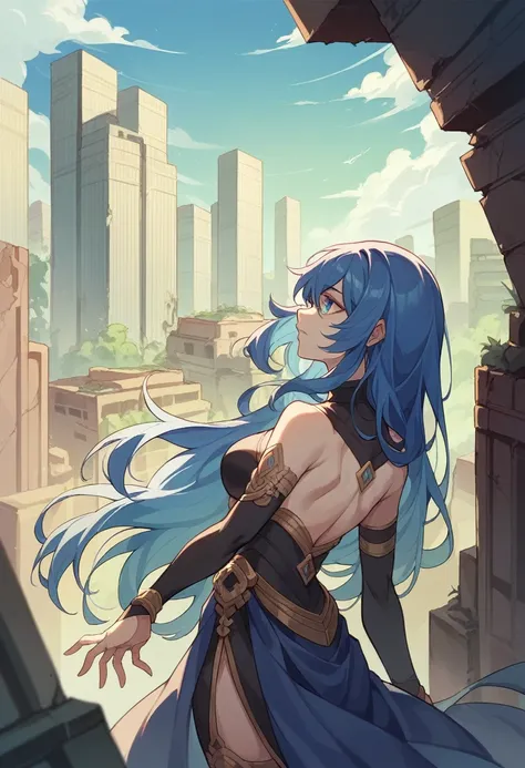 Blue Hair、long hair、、Black Sister Outfit、City of night、ruins、skyscraper