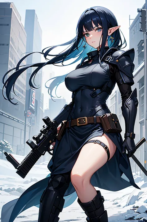 Create a high-quality image featuring an elf girl with dark navy-blue hair and straight-cut bangs. She is a member of a special forces police unit. She has a large red earring on her right ear and is holding an assault rifle. The background should feature ...