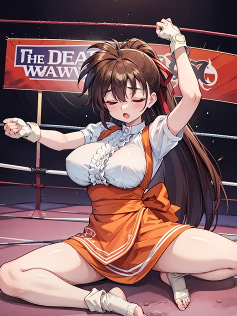 Highest quality，masterpiece，Lying down，sleep，(レスリングのリングにLying down, WWE Divas，Wrestling Arena，Wrestling ring background, Boxing ring background), 胎児の姿勢で仰向けにsleep, Lack of stamina, Ryona, Hitting a girl, death is near，タケユカ 超ロングヘア ヘアribbon, Frilled shirt, Un...