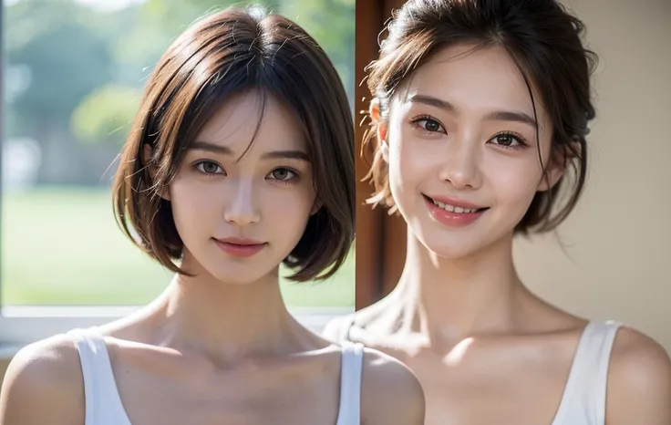 (masterpiece:1.3), (8K, Photorealistic, Original Photography, Top image quality: 1.4), Japanese female high school students、(Feel free to hairstyle:1.2)、Cleavage:1.2、Super detail face、Eye for detail、Double eyelids、Hold your head high and your chest high、Sh...