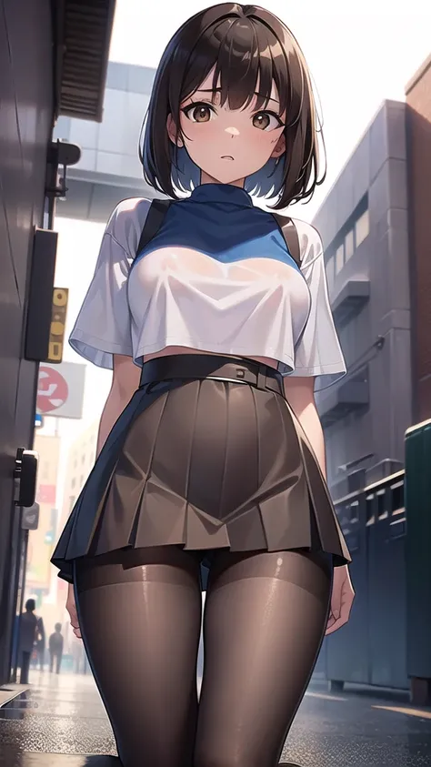 nobarakugisaki, nobara kugisaki, bob cut, (brown eyes:1.7), brown hair, lips, short hair, BREAK belt, brown belt, brown pantyhose,white crop top, crop top overhang,wet crop top,pantyhose, pleated skirt, shirt tucked in, skirt, blue skirt, blue crop top, BR...