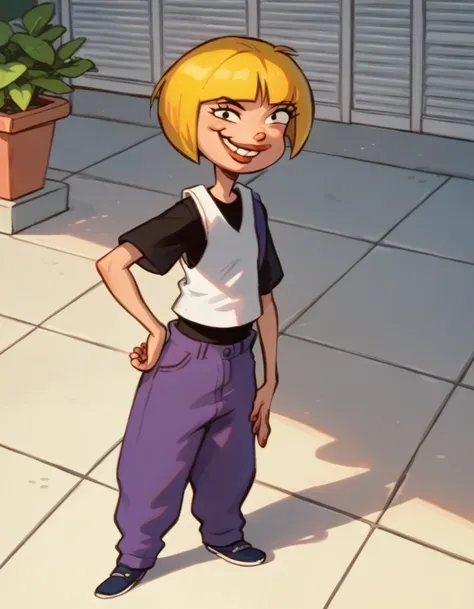 nazz, lips, white vest, 1girl, black t-shirt, solo, blonde hair, short hair, purple pants, smile, bob cut, ,looking at viewer,hand on own hip,   