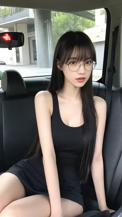 （Actually, the resolution is high.：1.3），A girl with a perfect figure, slender face and eyes, long black hair, a tank top. ：1.2 short skirts in the car, very big breasts, showing breasts, wearing glasses, long hair, has bangs