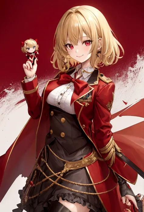 High quality, best quality, Masterpiece, nonsense, red_jacket, ribbon, red_eyes, Blonde_hair, short_hair, hair_ribbon, smile, 1 girl, torn clothes, piece of cloth,  