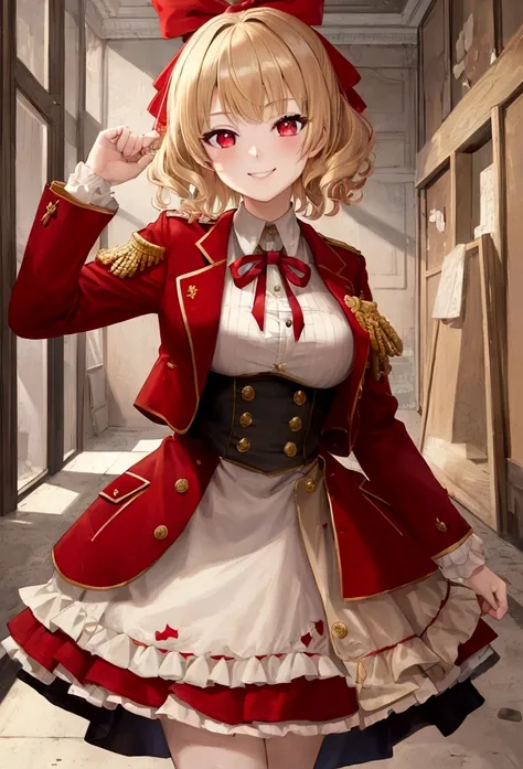 High quality, best quality, Masterpiece, nonsense, red_jacket, ribbon, red_eyes, Blonde_hair, short_hair, hair_ribbon, smile, 1 girl, torn clothes, piece of cloth,  