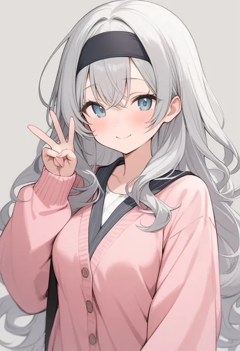 Simple Background,masterpiece,Highest quality,female,smile,Wavy long hair,Gray Hair,Cute eyes,水色のCute eyes,Pink Cardigan、Black headband、A peace sign near your cheek