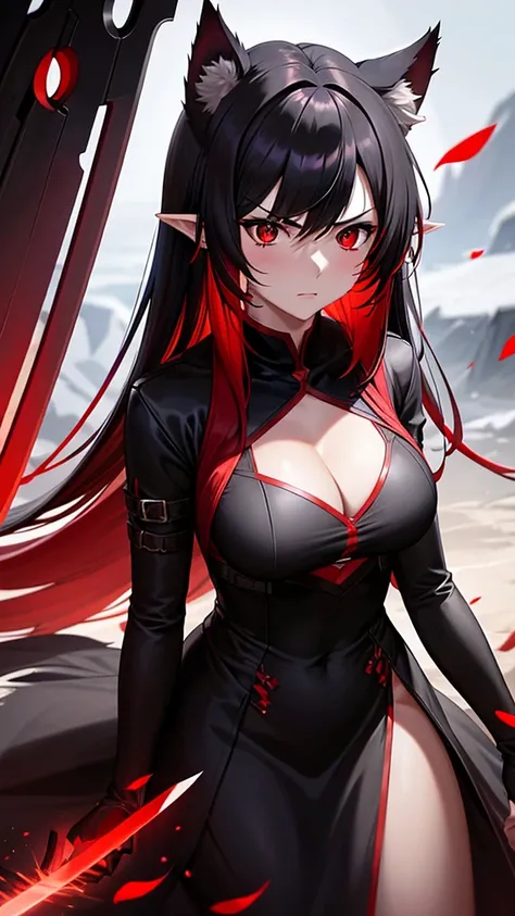 An adult woman, half wolf, black and red ears, ears down, red eyes, black and red hair, wide breasts, white dress, very angry, holding a sword