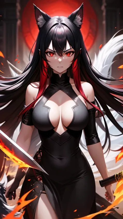 An adult woman, half wolf, black and red ears, ears down, red eyes, black and red hair, wide breasts, white dress, very angry, holding a sword