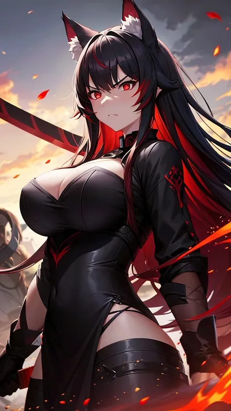 An adult woman, half wolf, black and red ears, ears down, red eyes, black and red hair, wide breasts, white dress, very angry, holding a sword