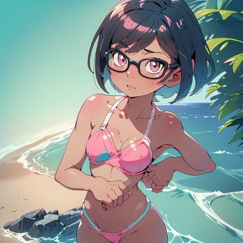 Girl with bob cut and glasses wearing pink bikini swimsuit, topless, touching breasts with both hands, looking up, black hair, winking, seaside, pastel colors