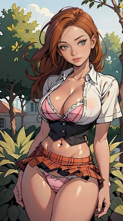 (best quality,4k,8k,highres,masterpiece:1.2),ultra-detailed,realistic,sexy high school girl with orange hair in a garden setting,beautiful detailed eyes, beautiful detailed lips,extremely detailed eyes and face,long eyelashes,flawless skin,pink panties pee...