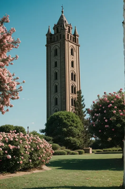 I want a tower surrounded by rose bushes seen from a ground level but distant perspective that looks deteriorated and abandoned but the image has a tinge of nostalgia. 