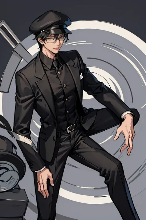 young man, black shorts hair, eyes gray, glasses, black fedora hat, black suit, black pants, pocket clock, strong