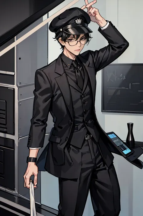 young man, black shorts hair, eyes gray, glasses, black fedora hat, black suit, black pants, pocket clock, strong