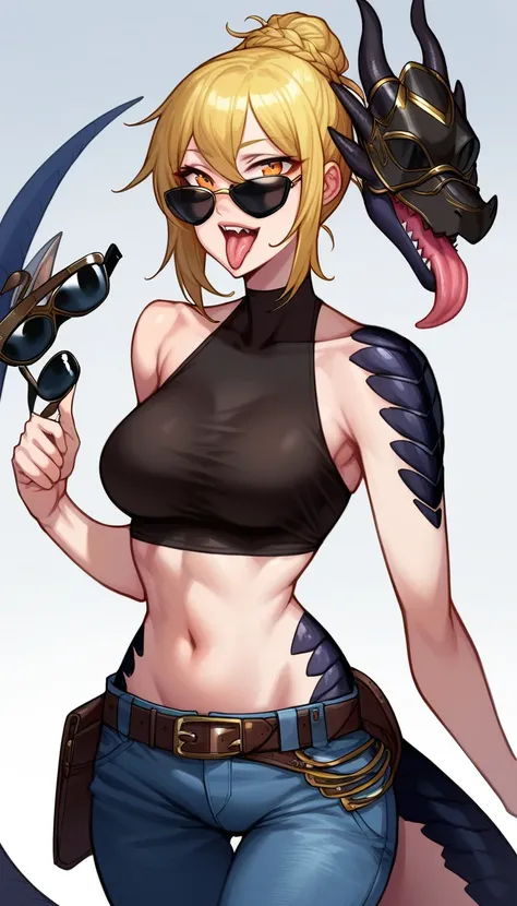  score_9_up, ((adult)), (Dragongirl:1.2), (female, dragon scales, black scales), with Center parted shoulder length hairstyle, (wearing sunglasses, mask, lowering mask), (open_mouth, show_tongue, horny face), Croptop armor, showing stomach, trousers, thigh...