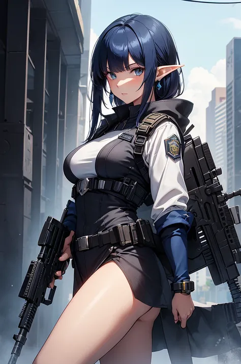 Create a high-quality image featuring an elf girl with dark navy-blue hair and straight-cut bangs. She is a member of a special forces police unit. She has a large red earring on her right ear and is holding an assault rifle. The background should feature ...