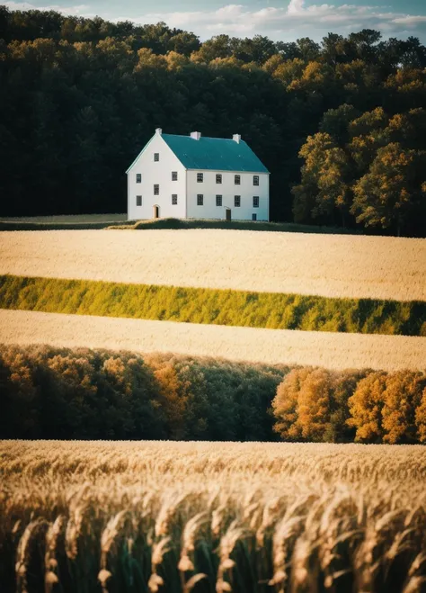 RAW photo of a landscape, small details, photorealistic, ultra-realistic photo, 8k uhd, dslr, soft lighting, high quality, film grain, Fujifilm XT3, (masterpiece), white brick house, wheat field and a forest