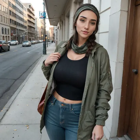 Extremely busty thin and toned brunette photographer, college girl, fair skin, loose side braid, soft face, athletic, bandana babushka headwrap, tight olive green casual windbreaker, skinny jeans. standing in front of her apartment building, outdoors, city...