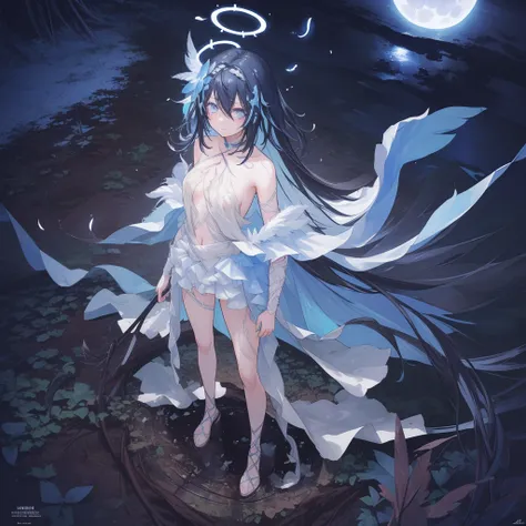 ((A long shot)) of a black-haired anime teen girl, (((standing in a muddy forest with mud covered in her body))), ((strong moonlight)), cinematic light, slim body, skin is perfectly healthy, soft, and smooth, Extremely delicate and beautiful CG illustratio...