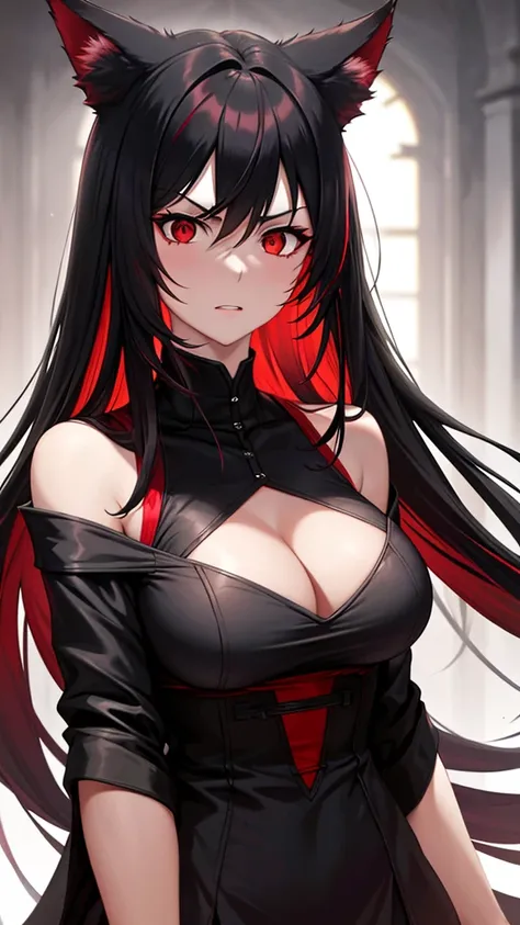 An adult woman, half wolf, black and red ears, ears down, red eyes, black and red hair, wide breasts, white dress, very angry, holding a sword