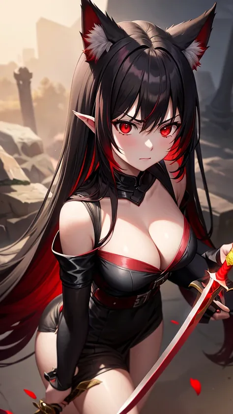 An adult woman, half wolf, black and red ears, ears down, red eyes, black and red hair, wide breasts, white dress, very angry, holding a sword