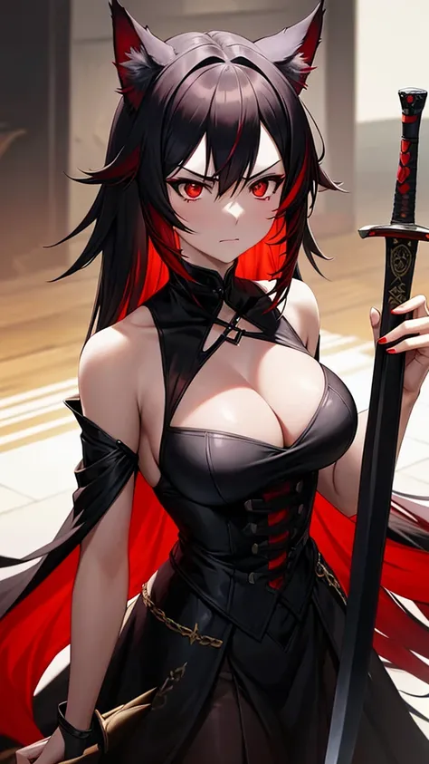 An adult woman, half wolf, black and red ears, ears down, red eyes, black and red hair, wide breasts, white dress, very angry, holding a sword