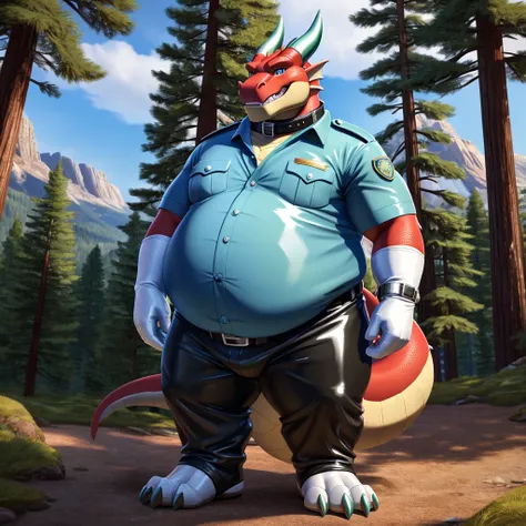 solo, full body, Male, fat, extremely obese, Dragon, park ranger, trousers, outdoor, park ranger uniform, collared shirt with buttons, blue eyes, (soft shading), 4k, hi res, ((detailed face, detailed)), looking at viewer, evil grin, Dragon is wearing the c...