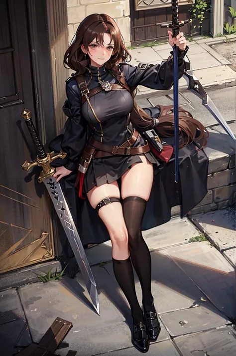 Royal sister，Mature，bandit，Robber Identity，Brown curly hair，Fantasy，Broadsword，expression，Smirk，shy，Blushing of the face，，Black socks，Soldier，fully armed，The weapon is a huge sword，
